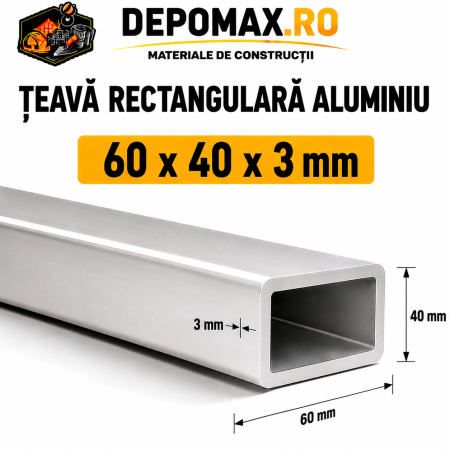 Teava rectangulara aluminiu 60 x 40 x 3 mm, 6 metri (EN AW-6060)